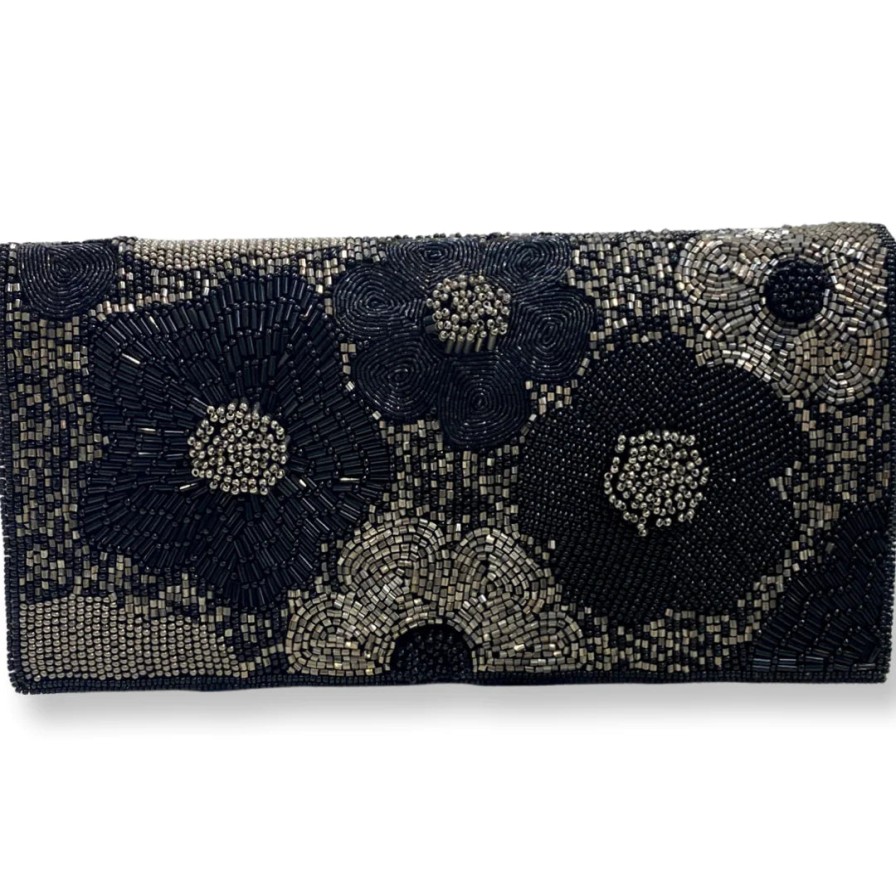 David Jeffery Accessories | Black Beaded Floral Clutch