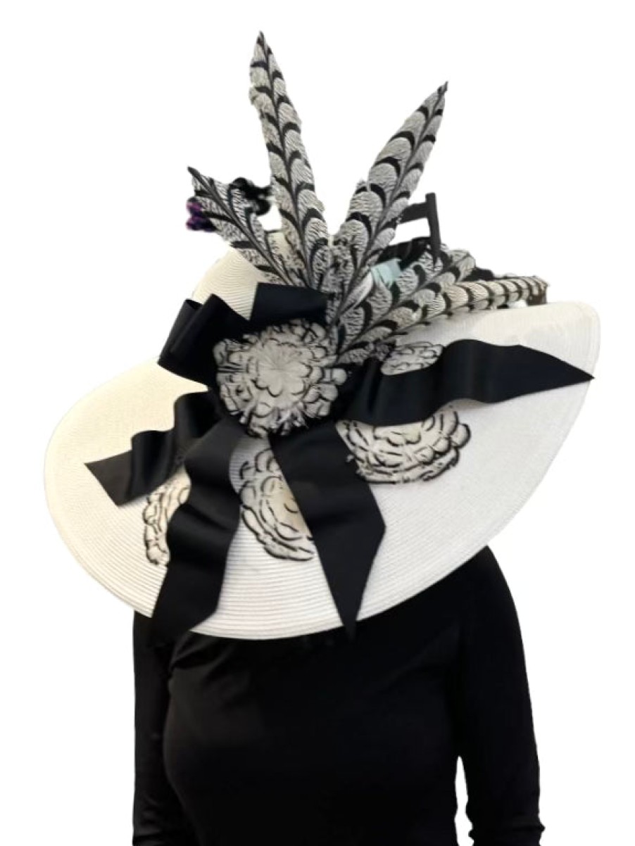 Hats by Katie Accessories | White Large Brim With Black And White Feathers