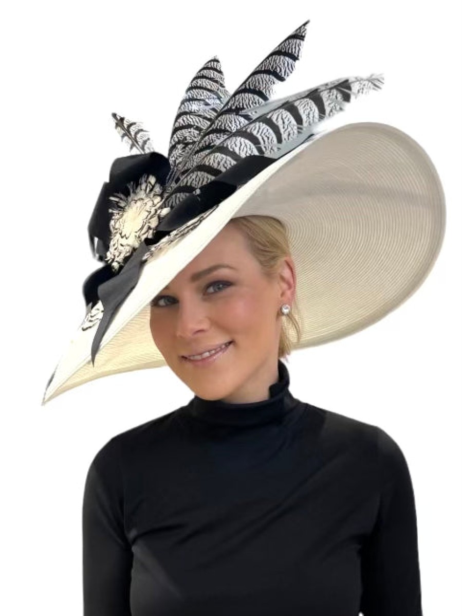 Hats by Katie Accessories | White Large Brim With Black And White Feathers