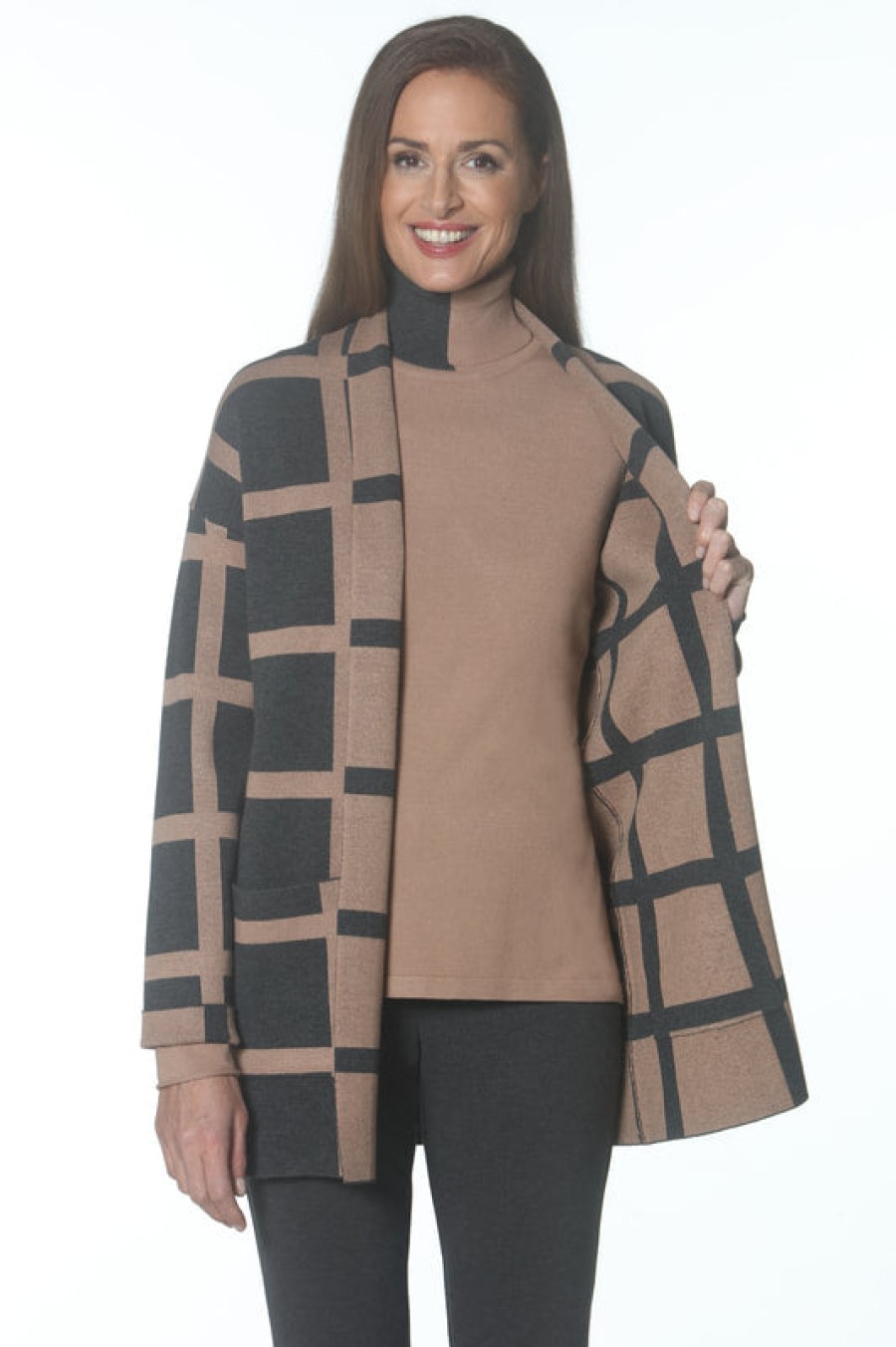 J'envie Jackets | Reversible Windowpane Cardigan In Charcoal/Camel