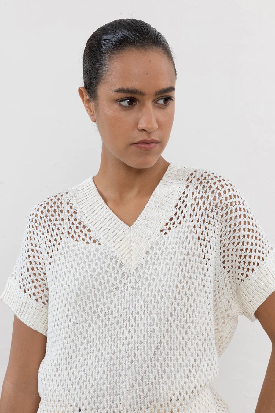 Peserico Tops | Pure Cotton And Micro Sequins Cordonnet Sweater