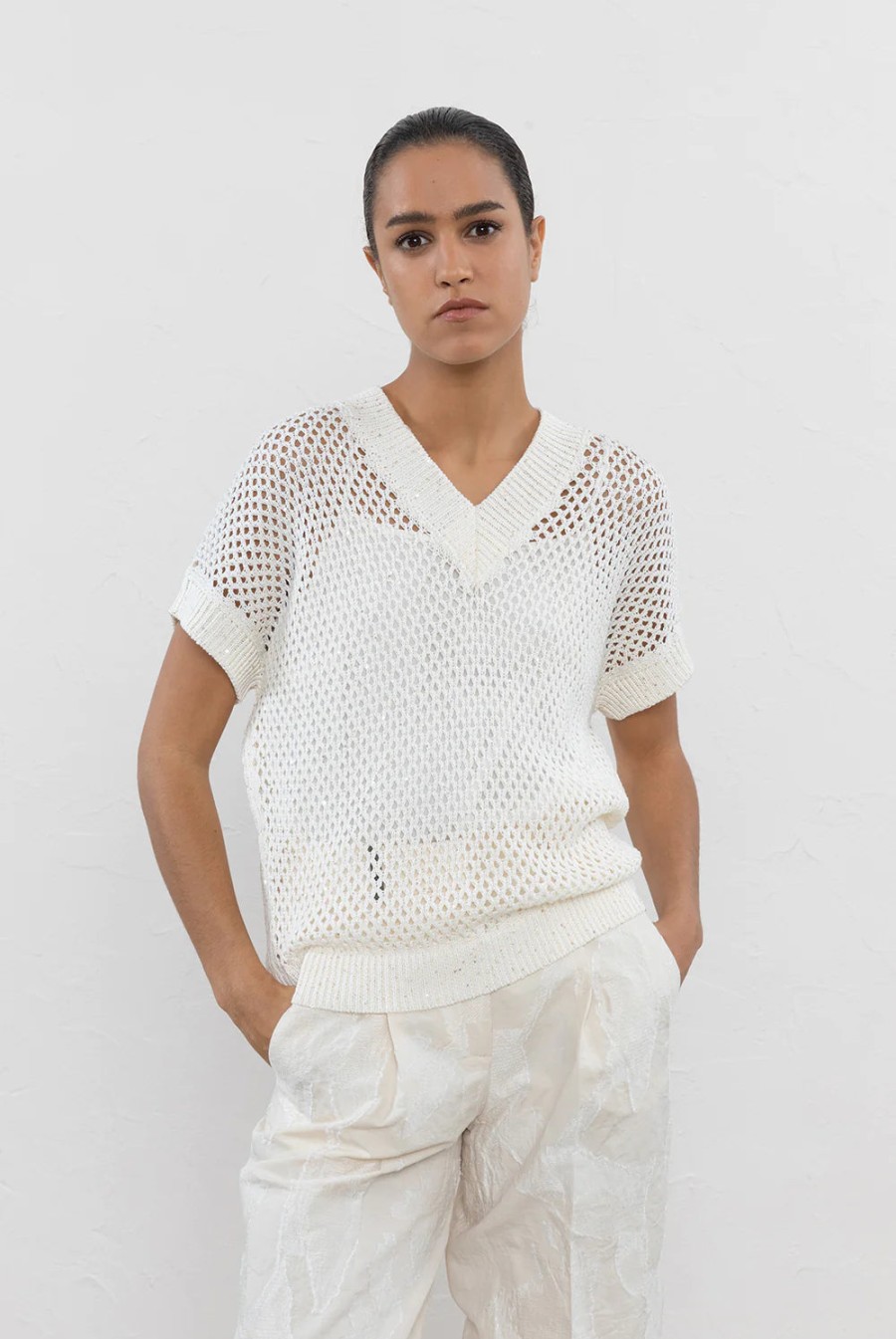 Peserico Tops | Pure Cotton And Micro Sequins Cordonnet Sweater