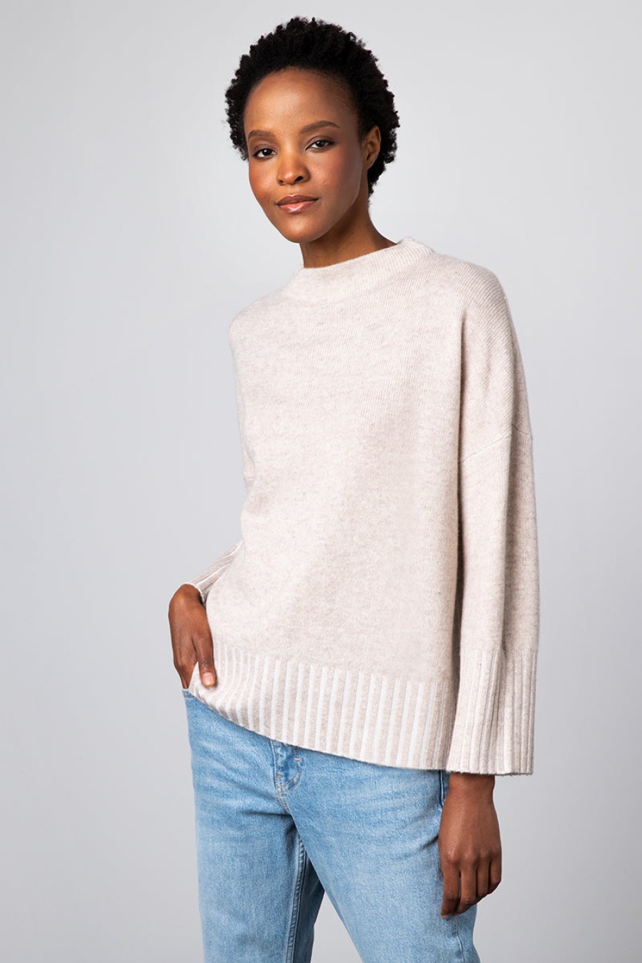 Kinross Cashmere Tops | Plaited Easy Funnel - Mushroom/Pearl