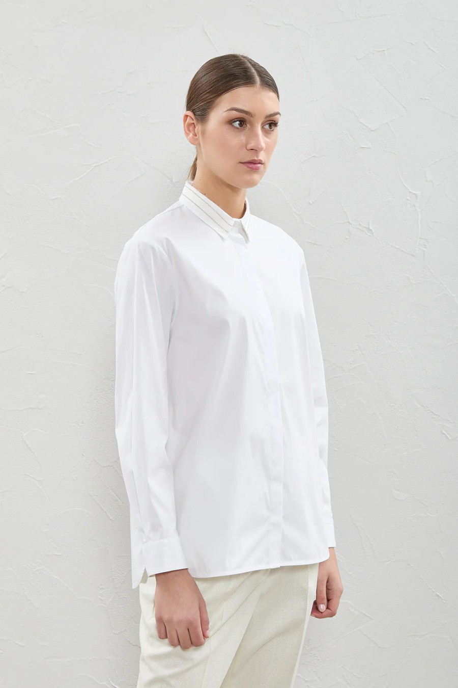 Peserico Tops | Plain Cotton Stretch Poplin Top In Pottery White