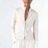 Kinross Cashmere Jackets | Contrast Trim Zip Mock Cardigan - Champagne/White