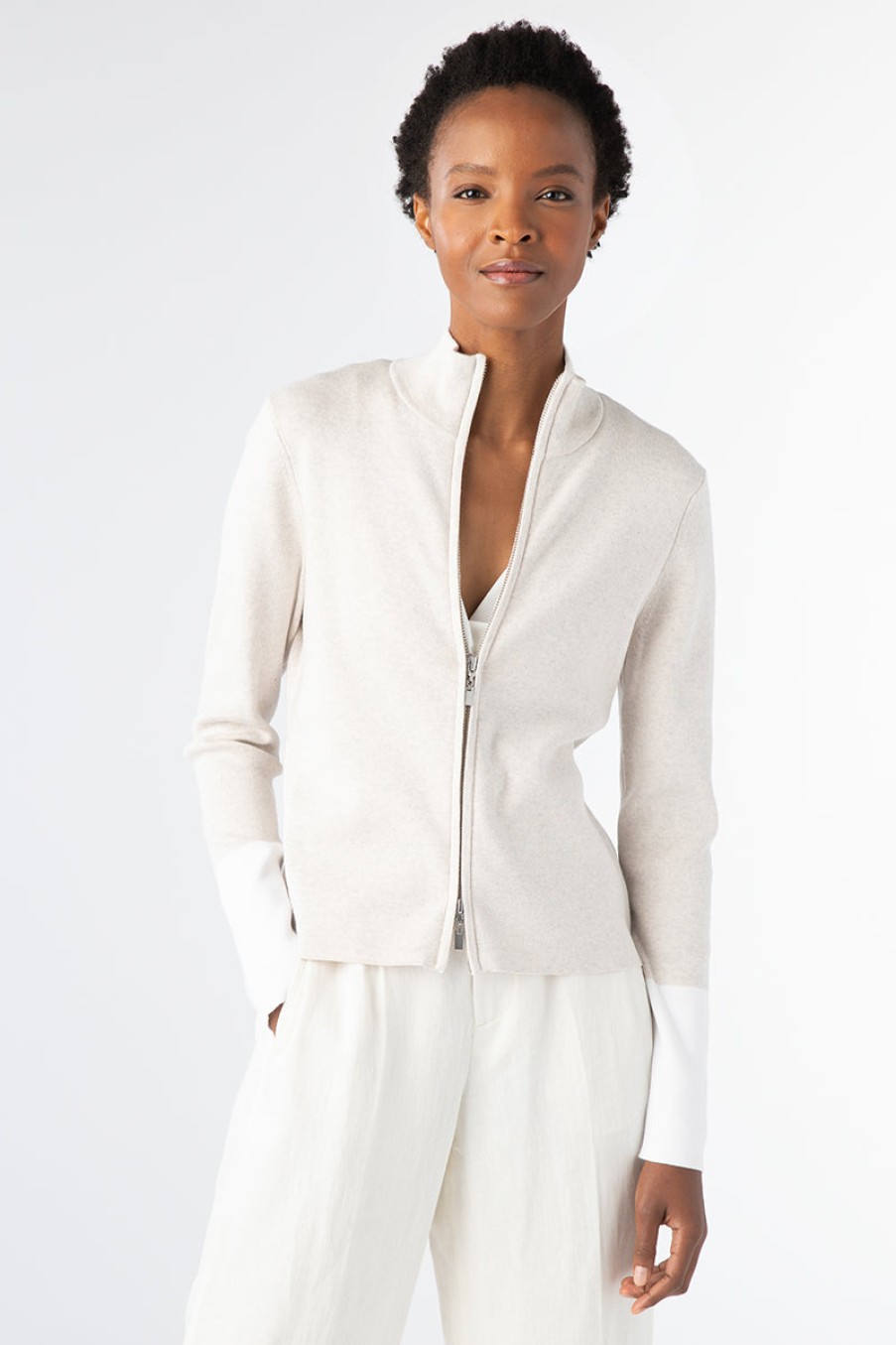 Kinross Cashmere Jackets | Contrast Trim Zip Mock Cardigan - Champagne/White