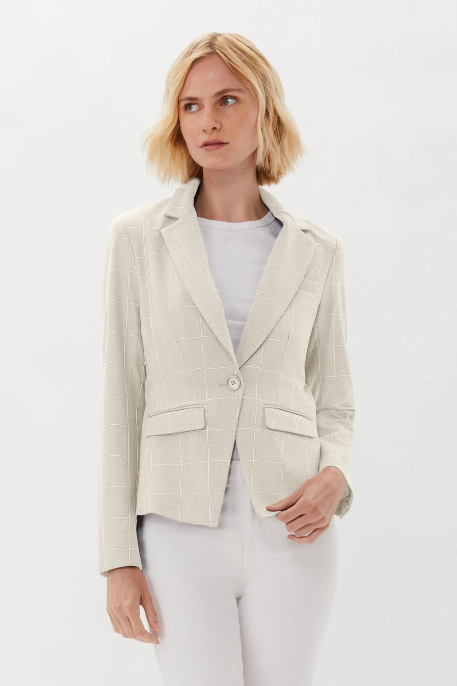 Ecru Jackets | One Button Blazer With Embroidery In Sand/White