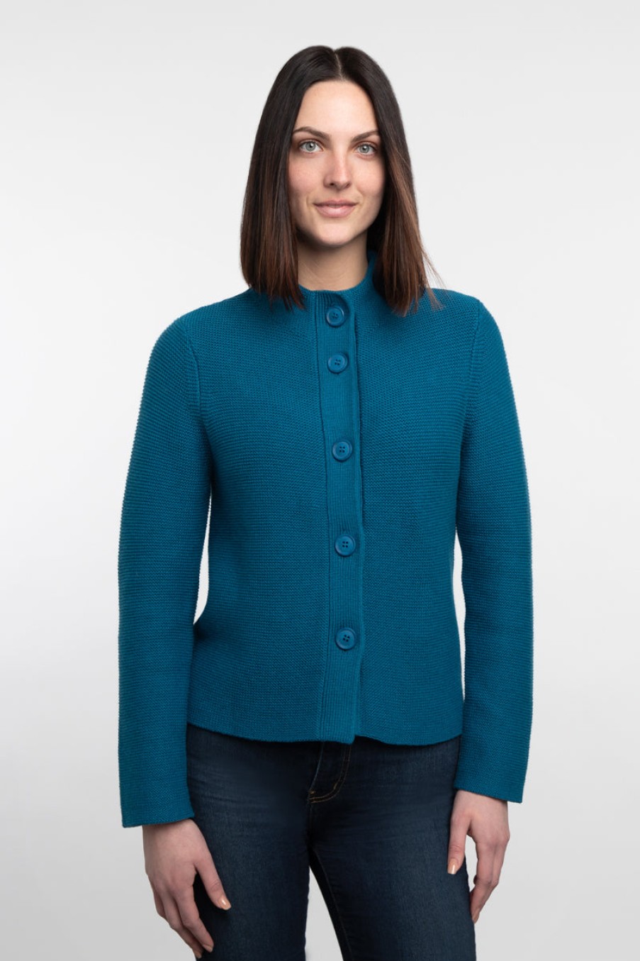 Kinross Cashmere Jackets | Buttoned Mock Cardigan - Ocean