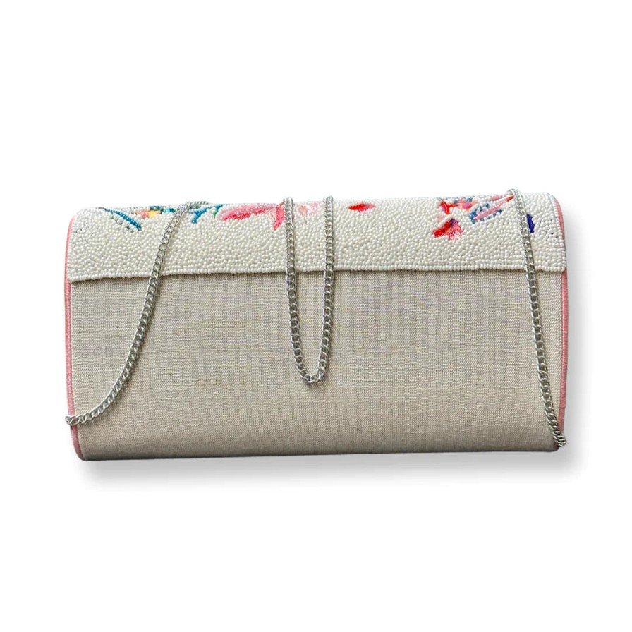 David Jeffery Accessories | Beige Linen W/ Teal And White Beaded Clutch