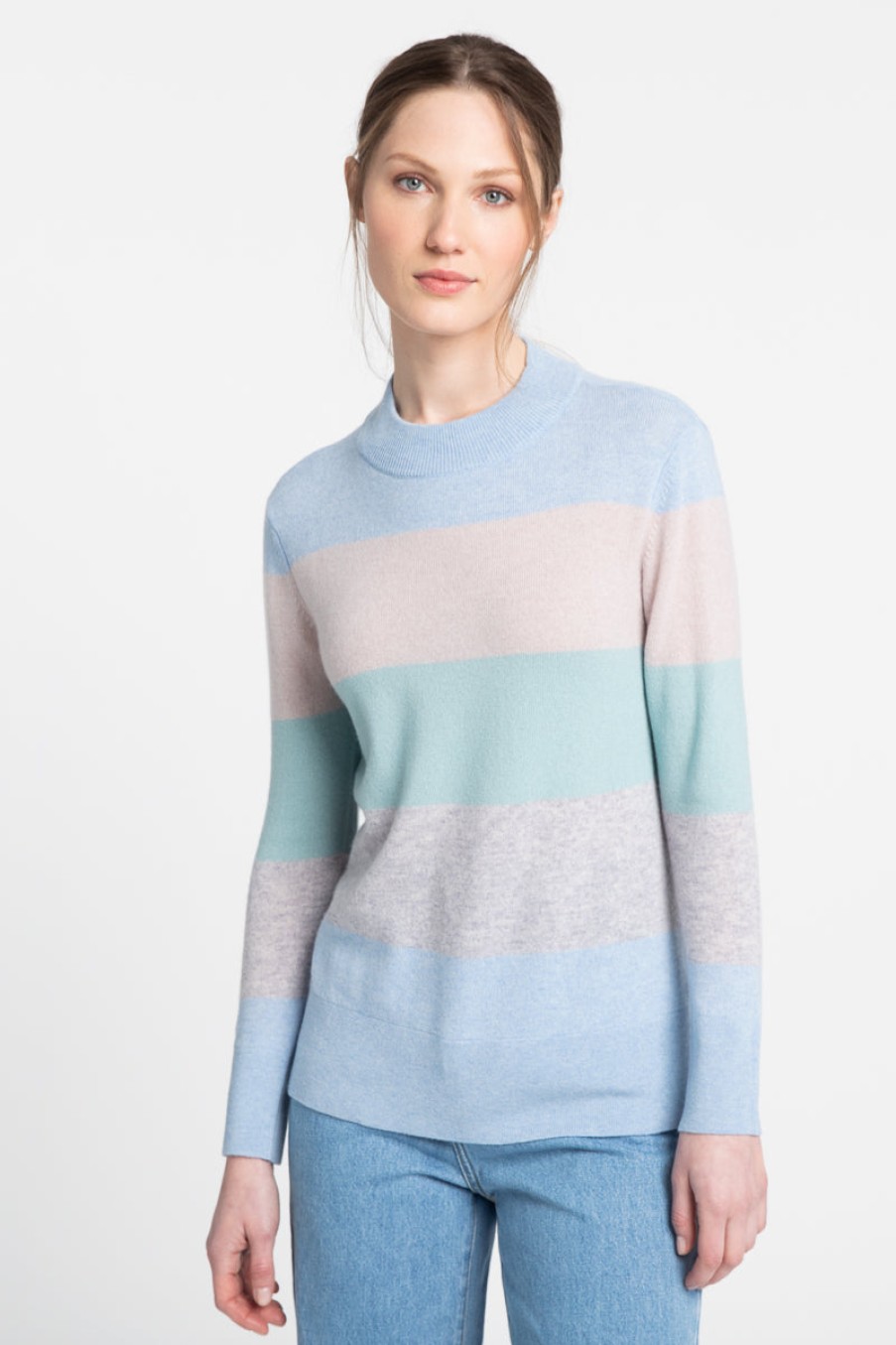 Kinross Cashmere Tops | Wide Stripe Crew - Seal/Multi