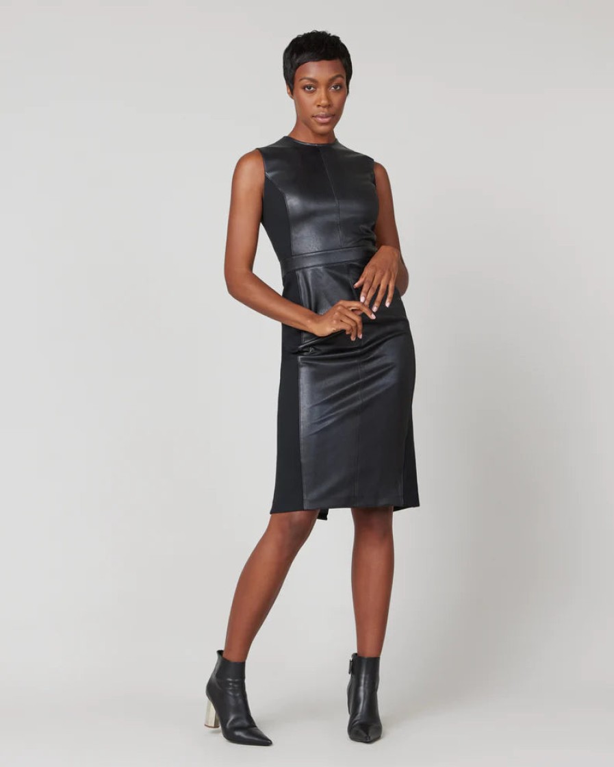 Spanx Dresses | Leather-Like Combo Fitted Dress - Classic Black