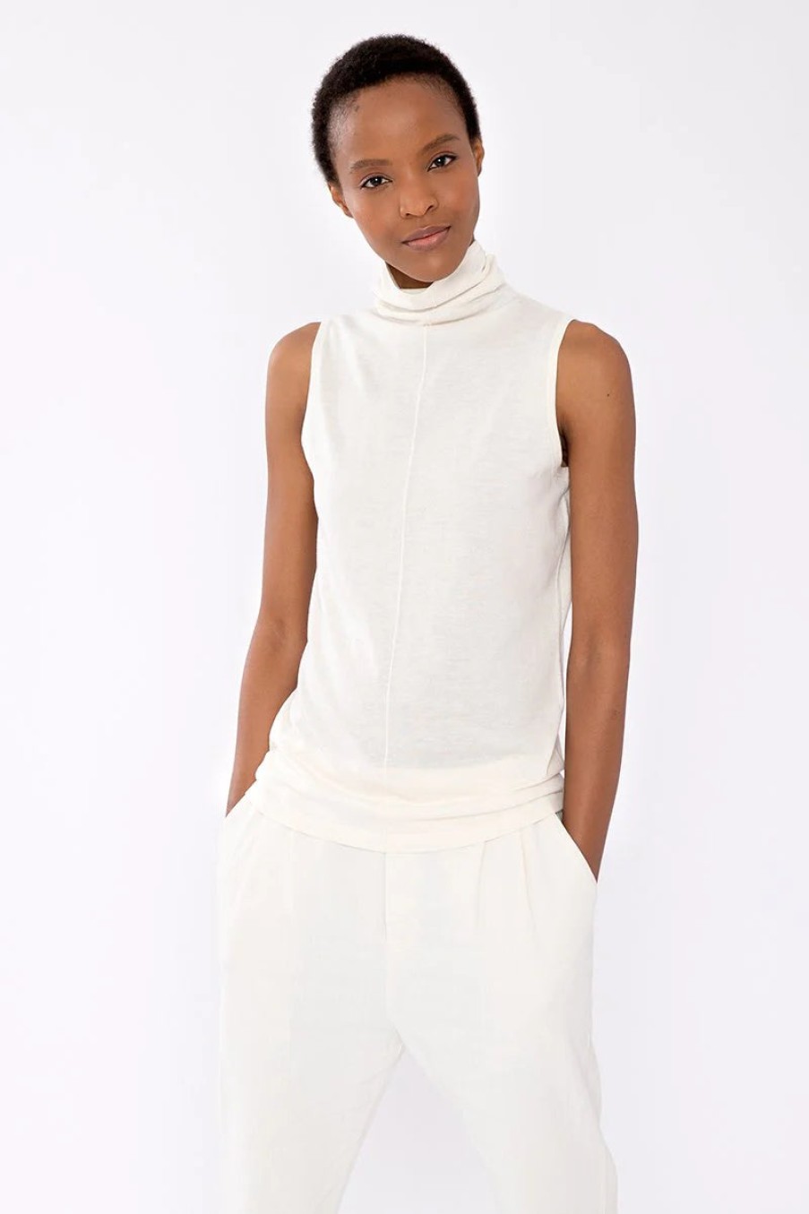 Kinross Cashmere Tops | Seamed Funnel Tank - Birch