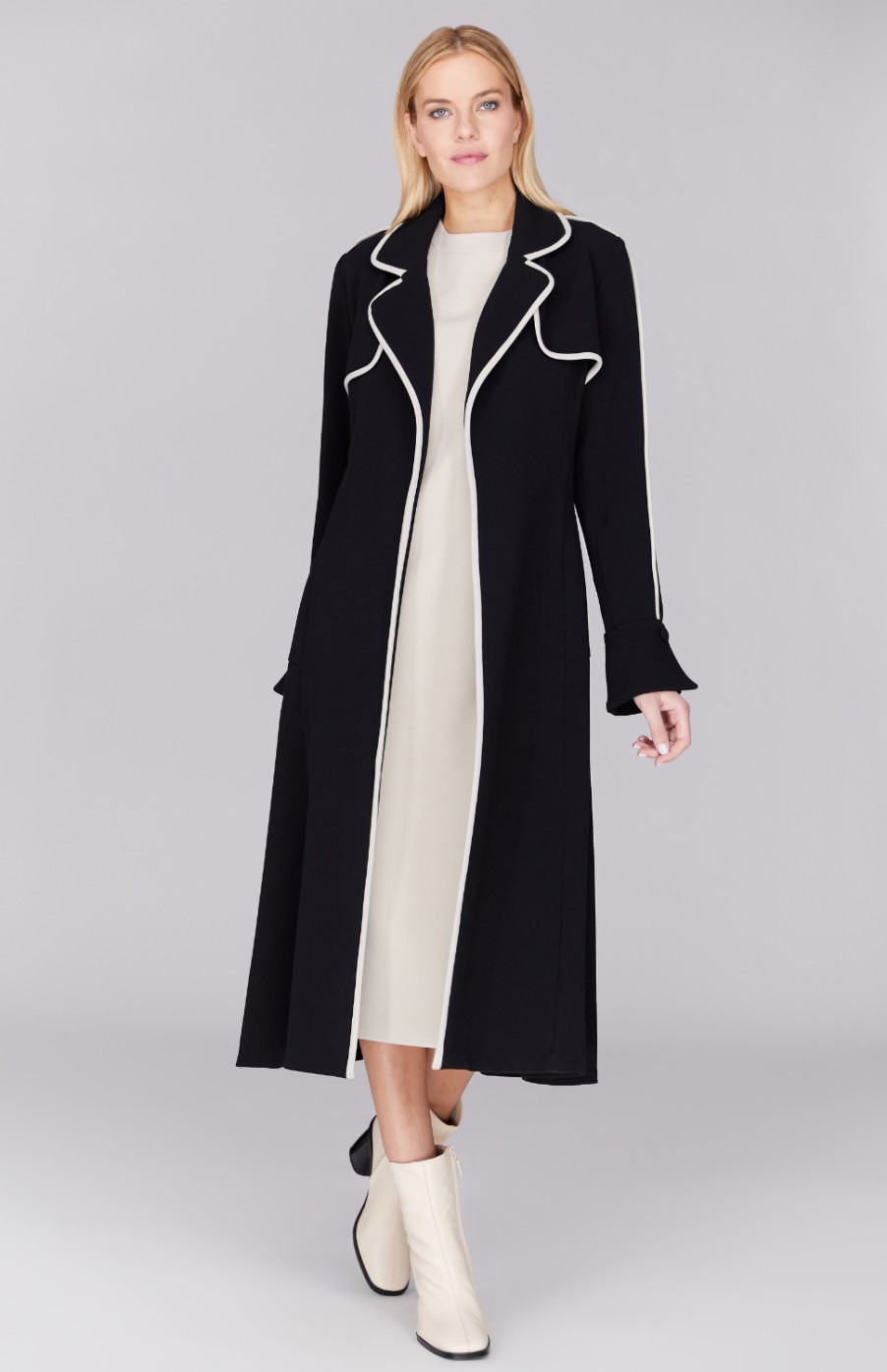 Mi Jong Lee Jackets | Trench Coat W/Contrast Bias In Black And Stone