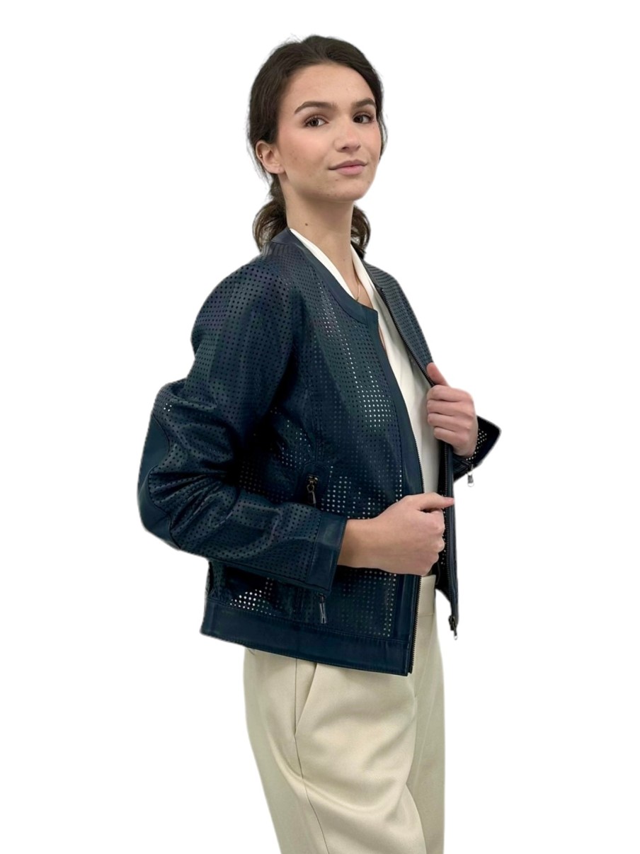 Iris Setlakwe Jackets | Perforated Leather Moto Jacket In Navy