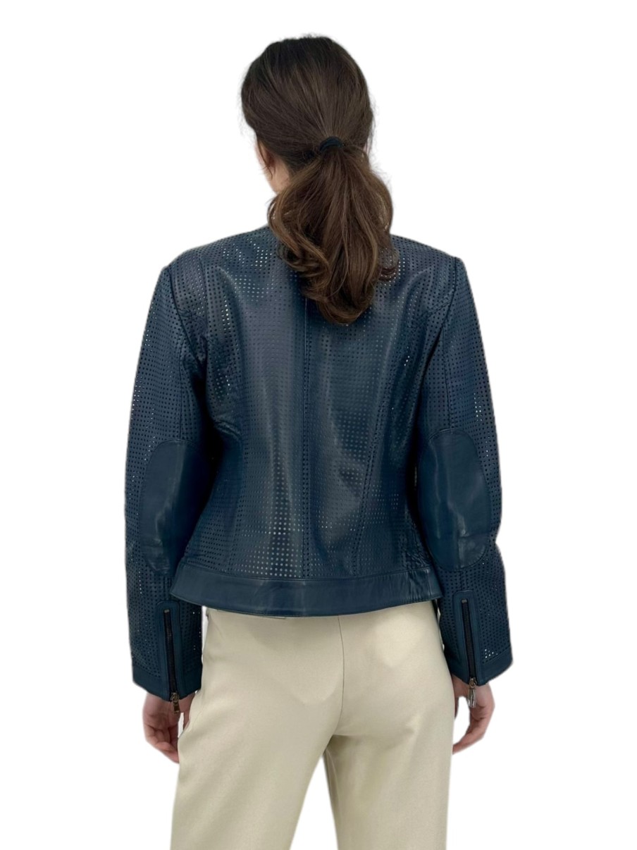 Iris Setlakwe Jackets | Perforated Leather Moto Jacket In Navy