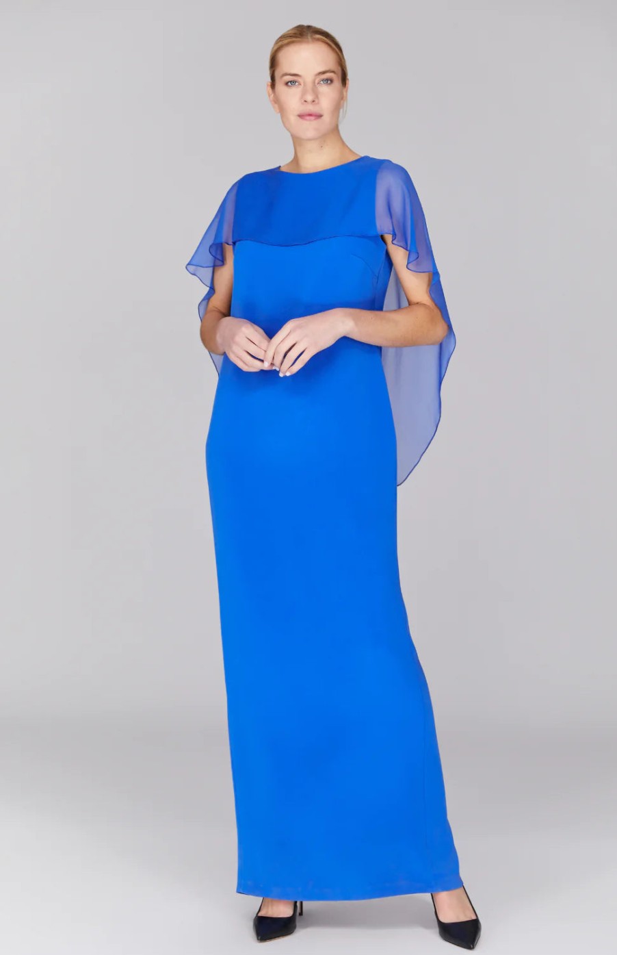 Emmelle Dresses | Silk Gown W/ Chiffon High Low Caplet In Marine