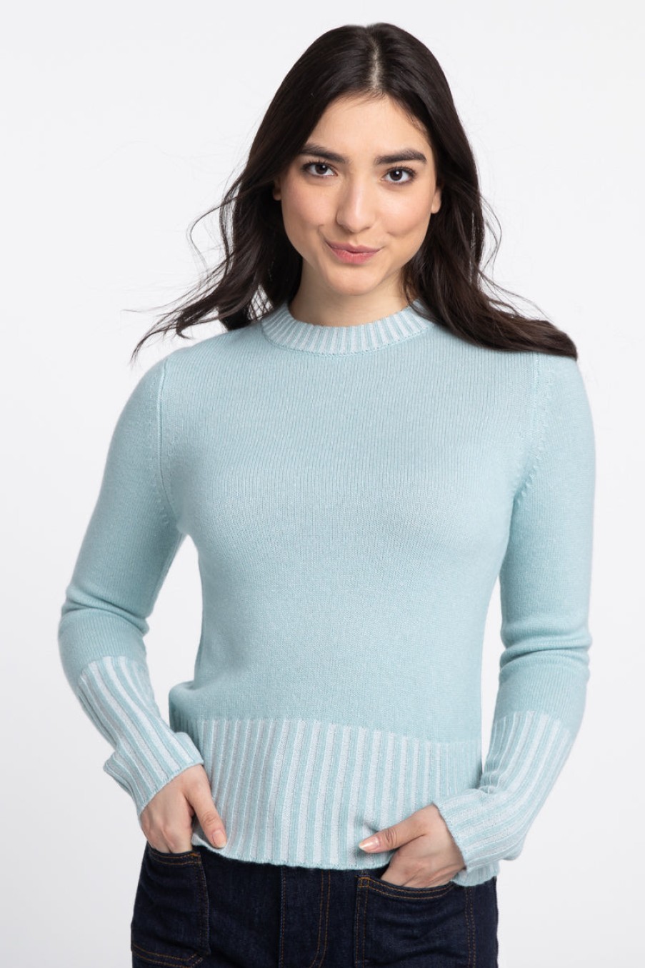 Kinross Cashmere Tops | Plaited High Rib Crew - Coastal/Pearl