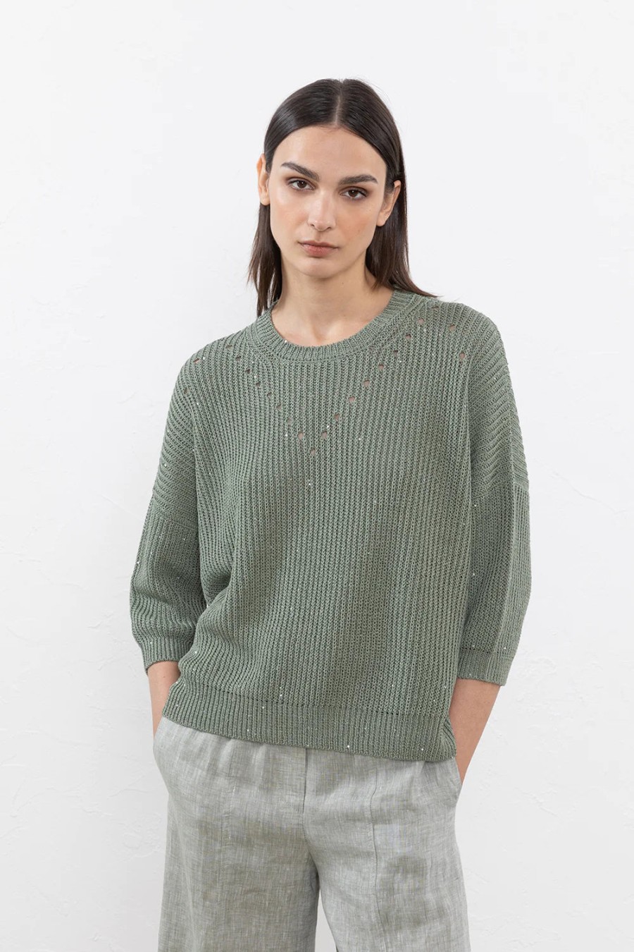 Peserico Tops | Pure Cotton Cordonnet & Mini-Sequin Sweater In Lagoon Green