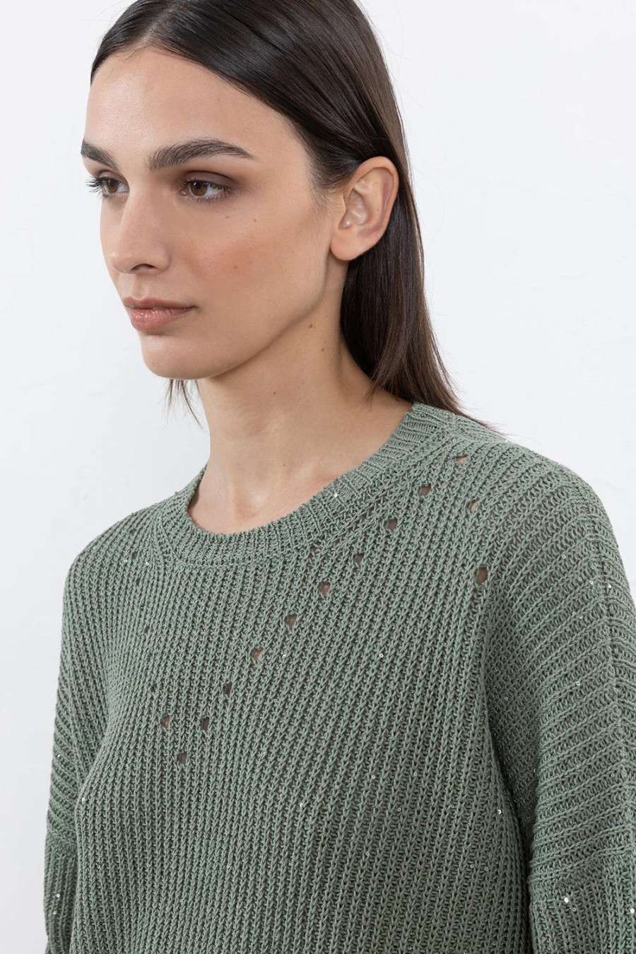 Peserico Tops | Pure Cotton Cordonnet & Mini-Sequin Sweater In Lagoon Green