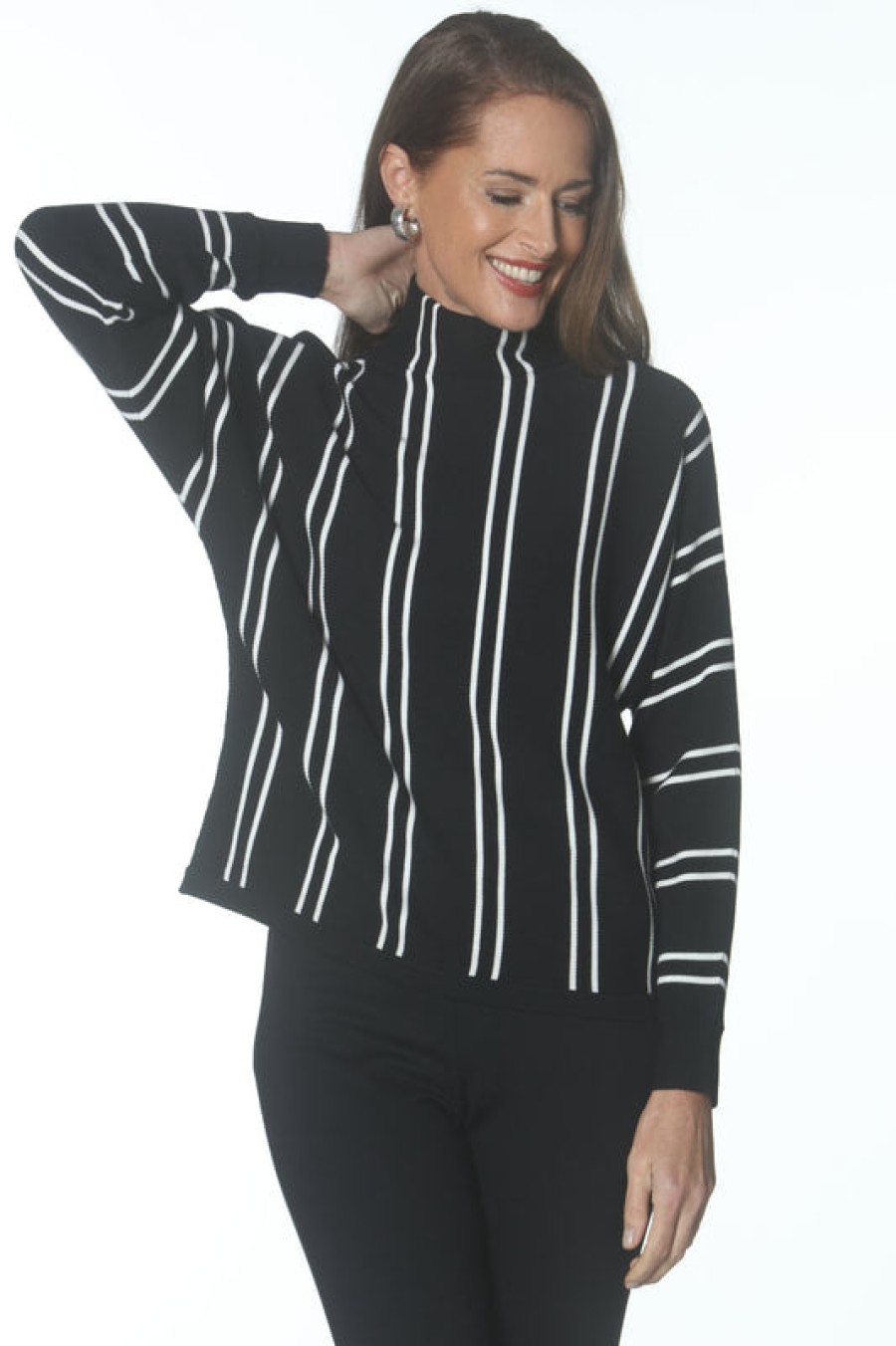 J'envie Tops | Funnel Neck Stripe Top - Black/Ivory