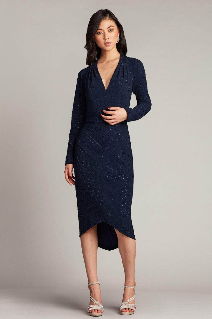 Tadashi Shoji Dresses | V-Neck Long Sleeves Crepe Dress - Navy