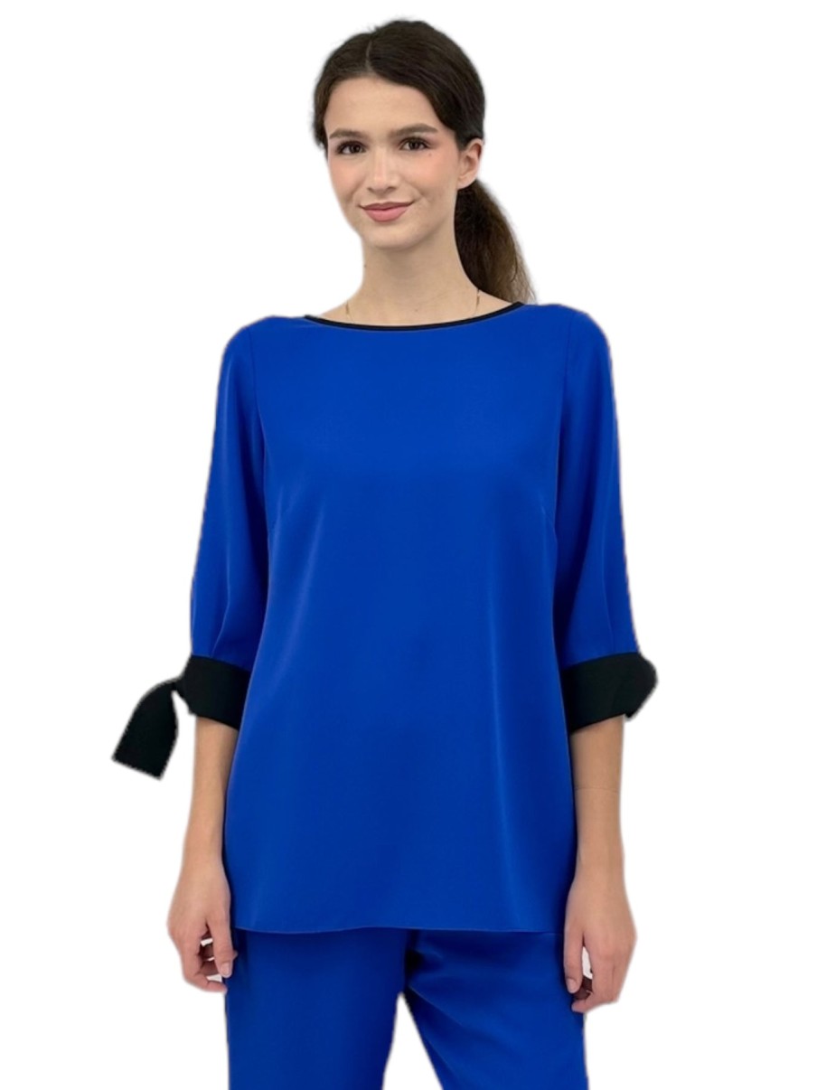 Emmelle Tops | 3/4 Sleeve Crepe Blouse With Tie Cuff In Cobalt