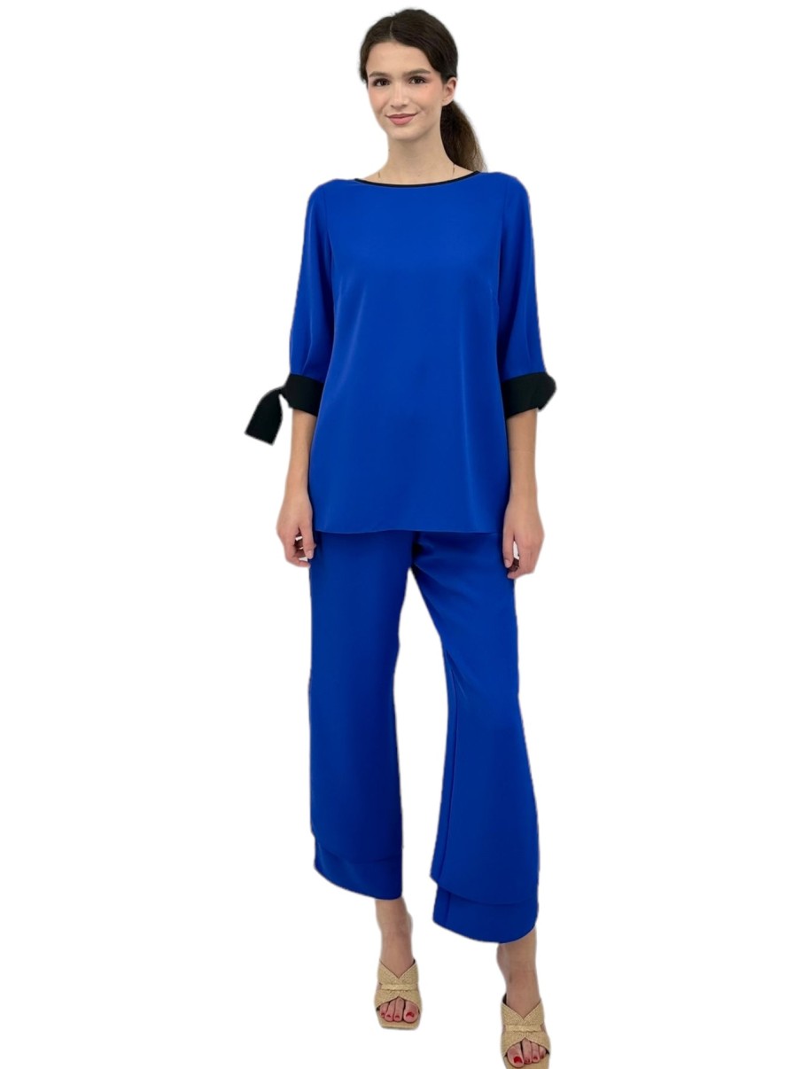 Emmelle Tops | 3/4 Sleeve Crepe Blouse With Tie Cuff In Cobalt