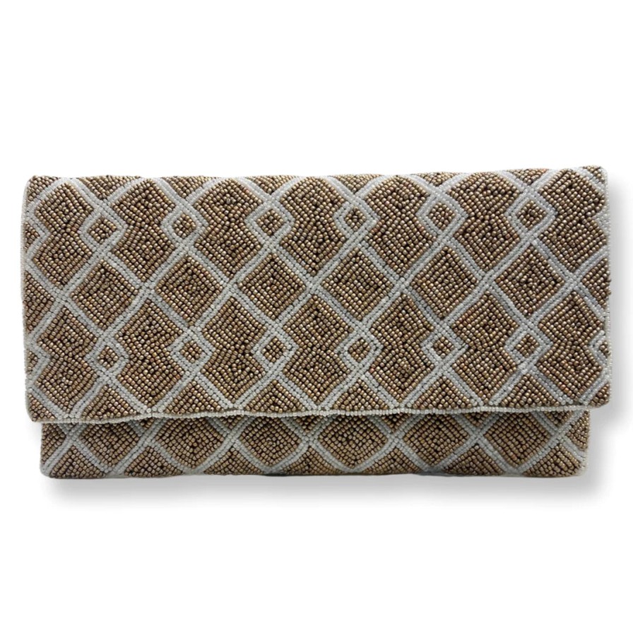 David Jeffery Accessories | Camel And White Beaded Clutch With Chain Strap