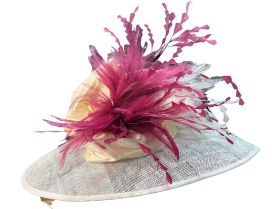 Hats by Katie Accessories | Cream Sinamay Straw With Mauve Feathers