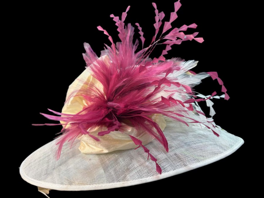 Hats by Katie Accessories | Cream Sinamay Straw With Mauve Feathers