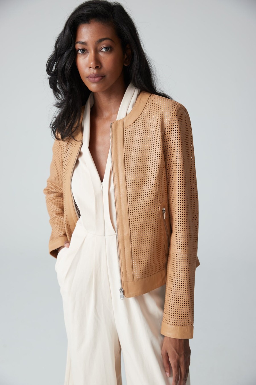 Iris Setlakwe Jackets | Perforated Leather Moto Jacket In Tan