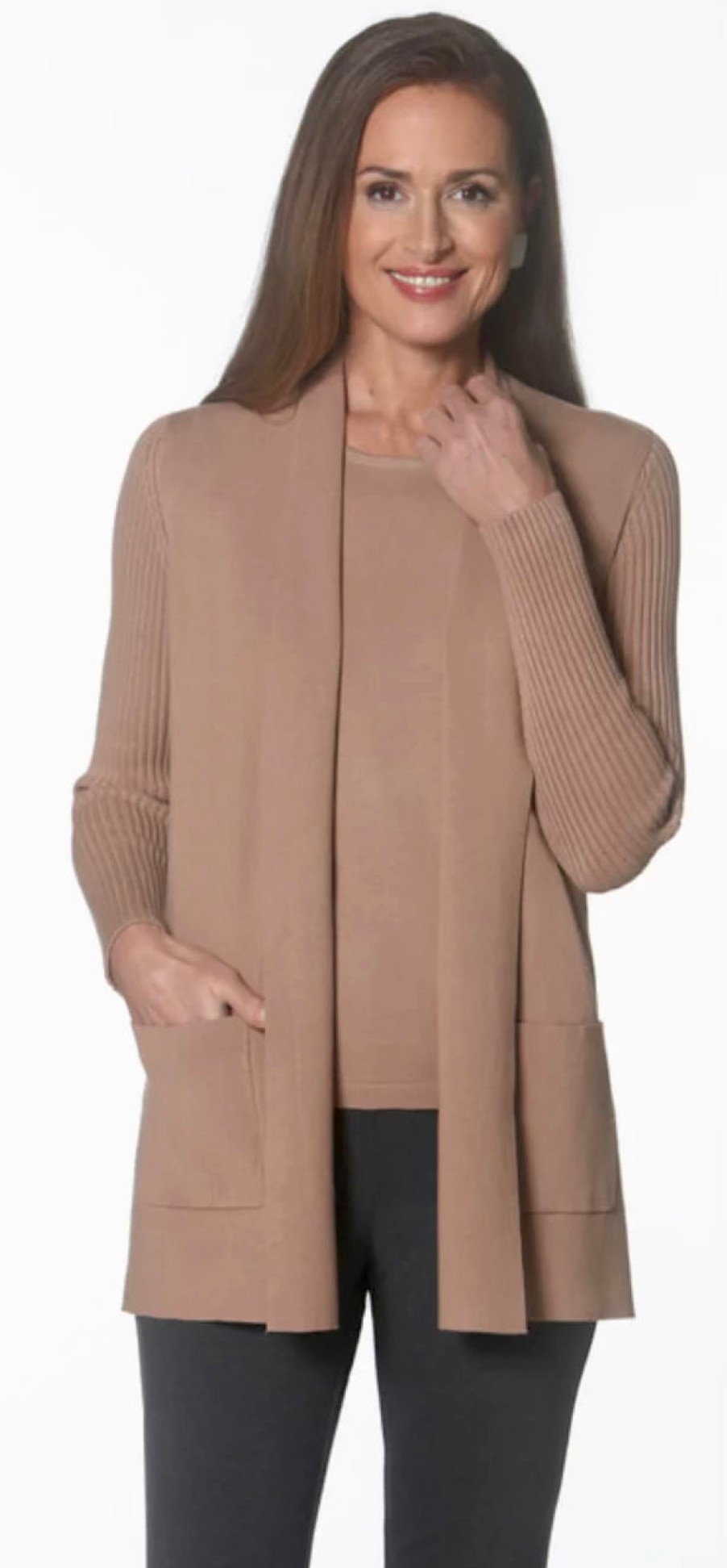 J'envie Tops | Ribbed Sleeve Cardigan In Camel