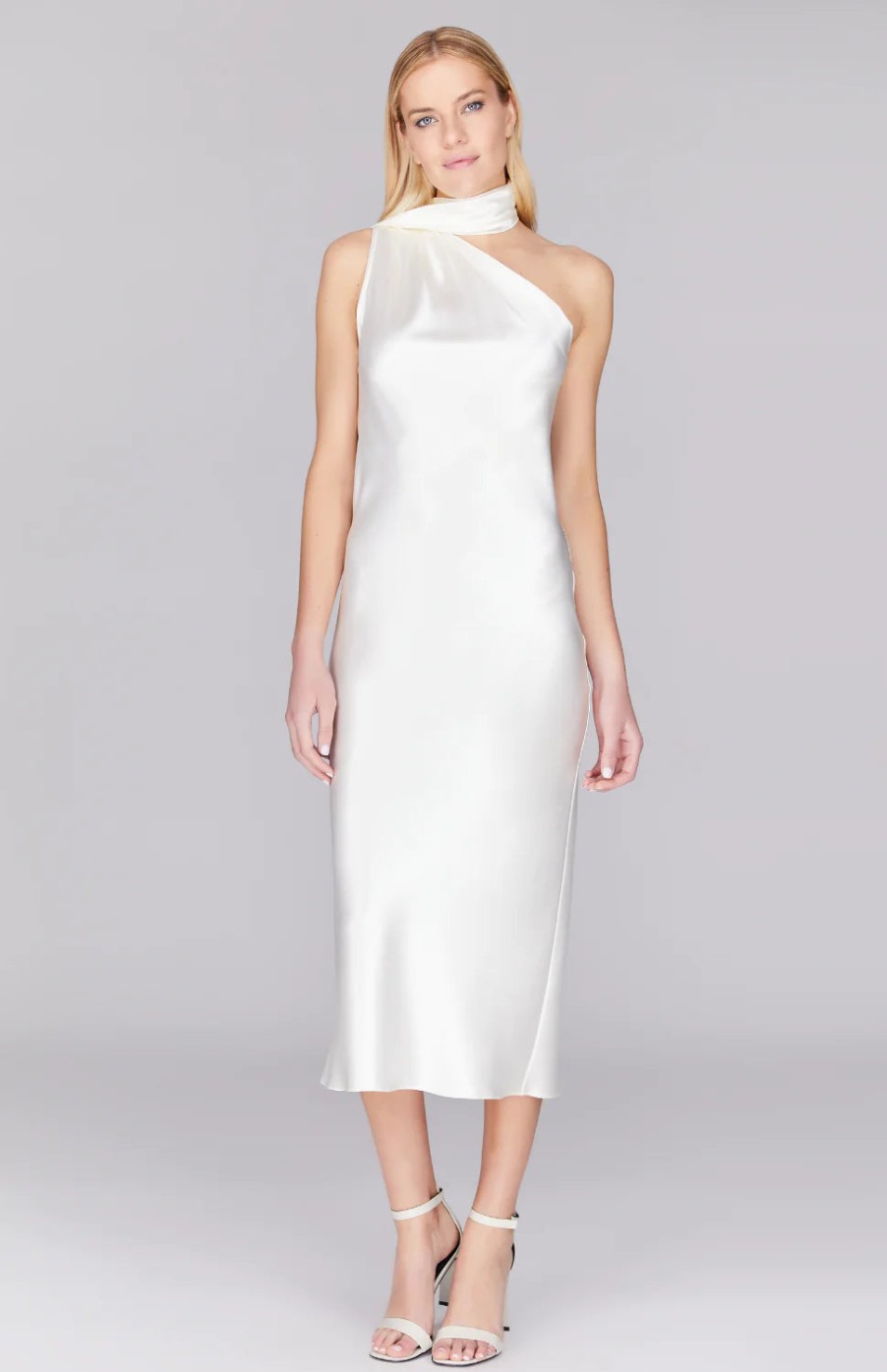 Mi Jong Lee Dresses | One Shoulder Bias Dress W/ Scarf In Pearl