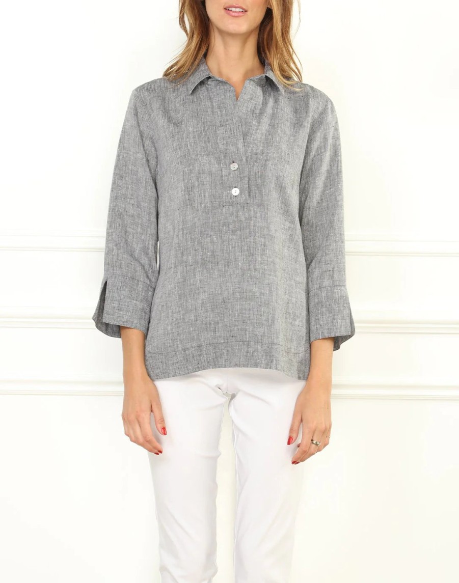 Hinson Wu Tops | 3/4 Sleeve Aileen Luxe Linen Top - Grey