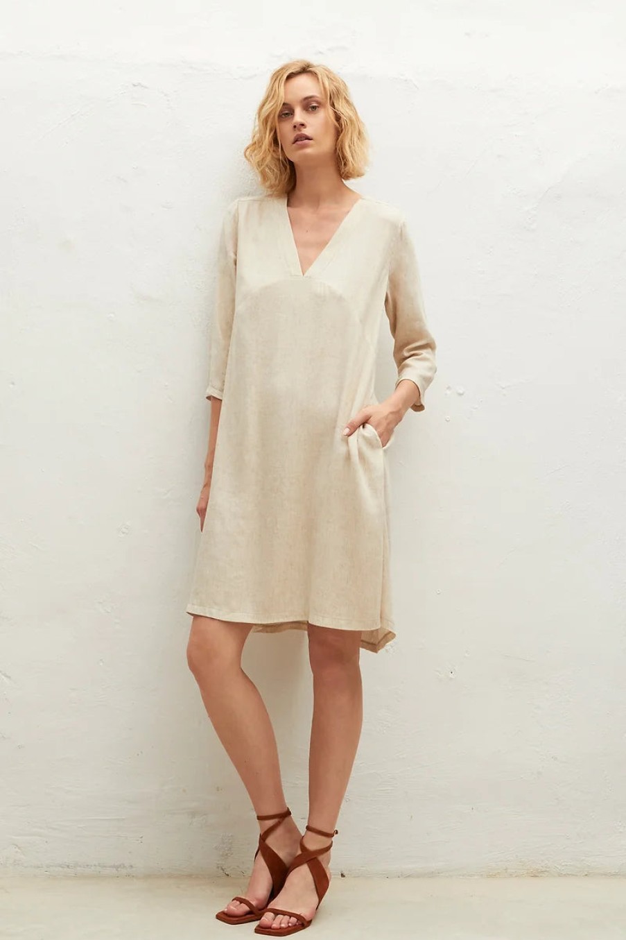 AMS Pure Dresses | Beige V-Neck Dress