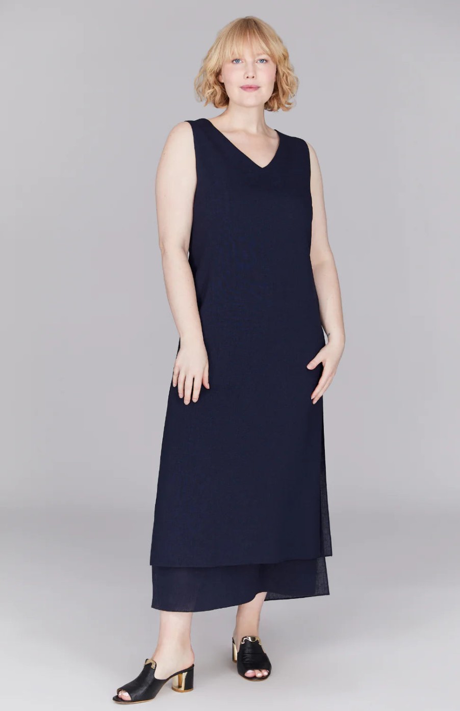 Emmelle Dresses | Microlinen Double Layer V Neck Dress In Midnight