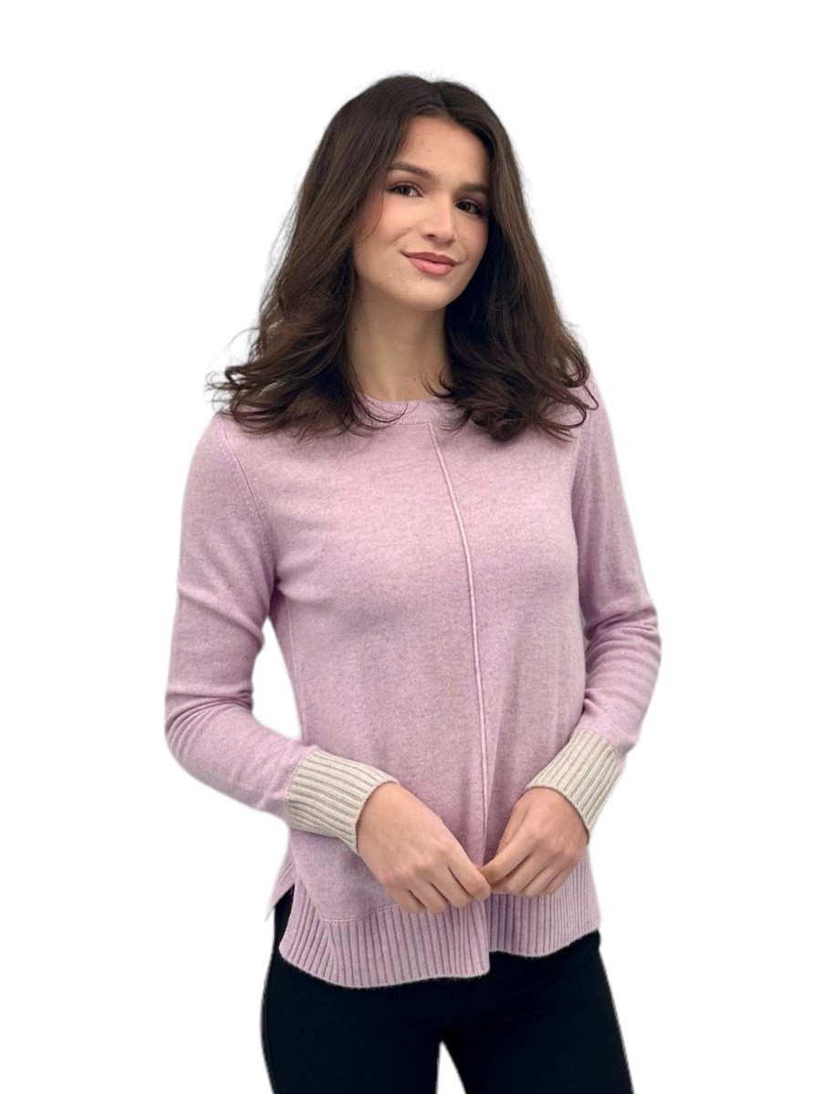 Kinross Cashmere Tops | Contrast Trim Crew In Orchid/Birch