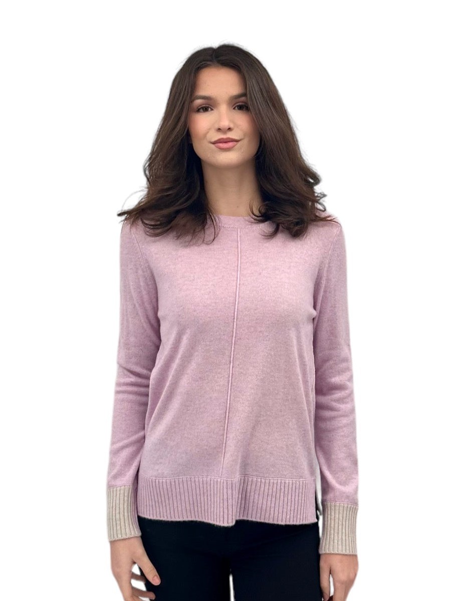 Kinross Cashmere Tops | Contrast Trim Crew In Orchid/Birch