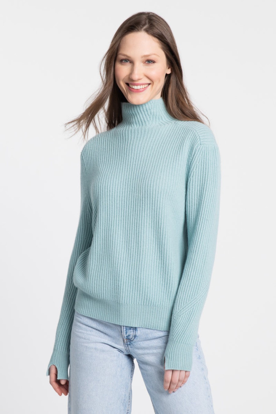 Kinross Cashmere Tops | Fashioned Rib Funnel - Coastal