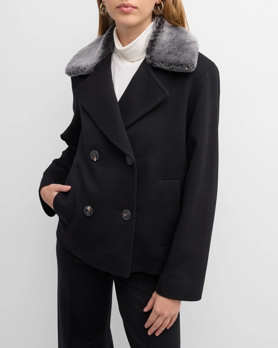 Fleurette Jackets | Peacoat With Merino Shearling Collar In Black