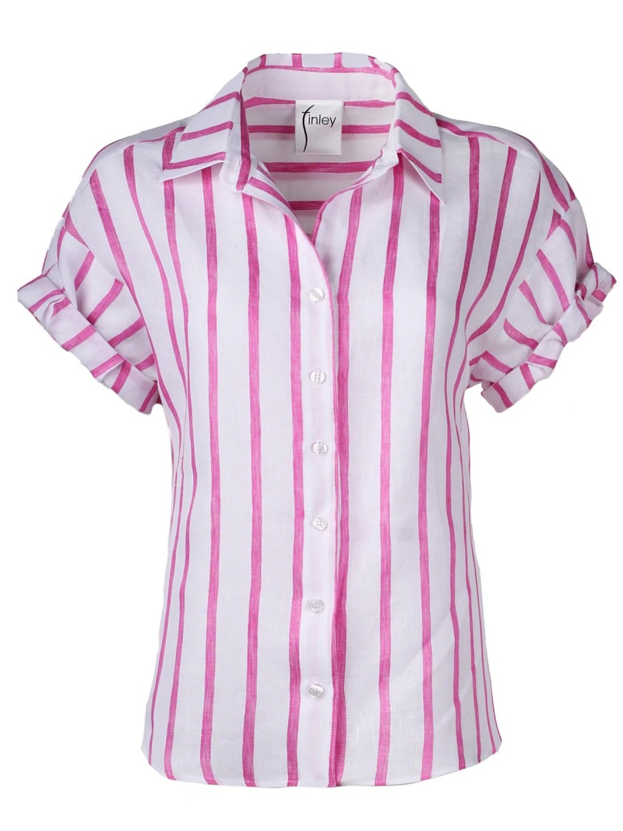 Finley Tops | Roll Sleeve Camp Shirt Bold Stripe In White/Pink