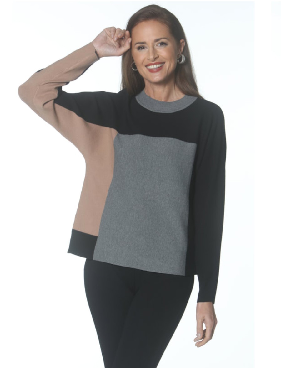 J'envie Tops | Colorblock Crewneck In Grey/Black/Camel