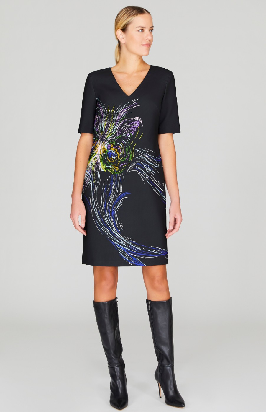 Mi Jong Lee Dresses | Short Sleeve Fitted V-Neck Black Multi