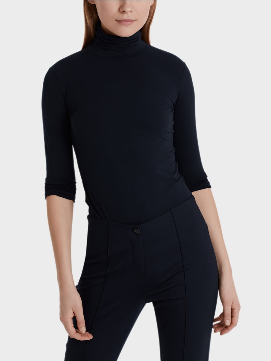 Marc Cain Tops | Delicate Roll Collar T-Shirt In Midnight Blue