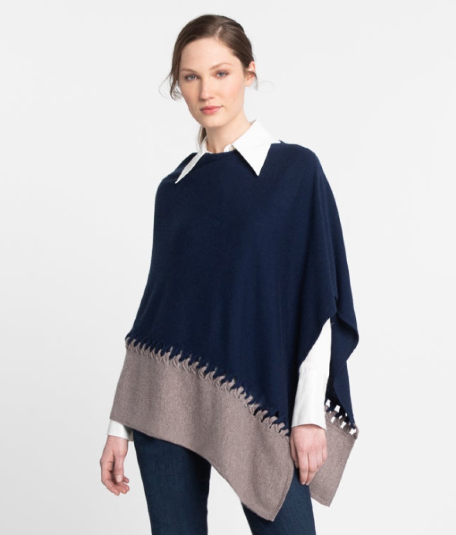 Kinross Cashmere Tops | Twist Stitch Poncho In Navy/Seal