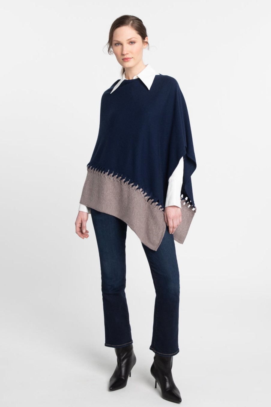 Kinross Cashmere Tops | Twist Stitch Poncho In Navy/Seal