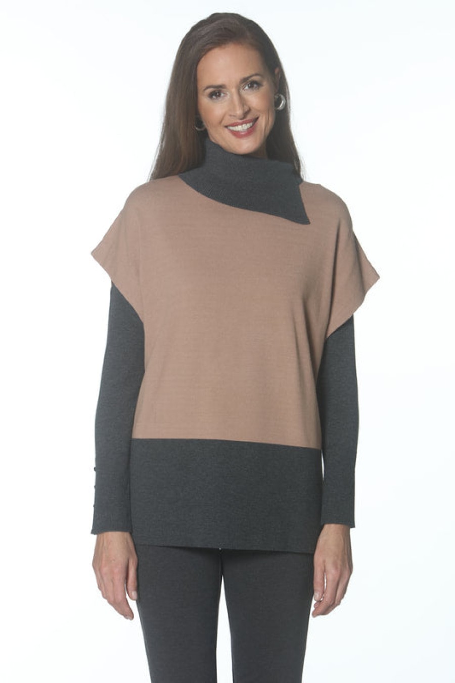 J'envie Tops | Colorblock Pullover In Charcoal/Camel