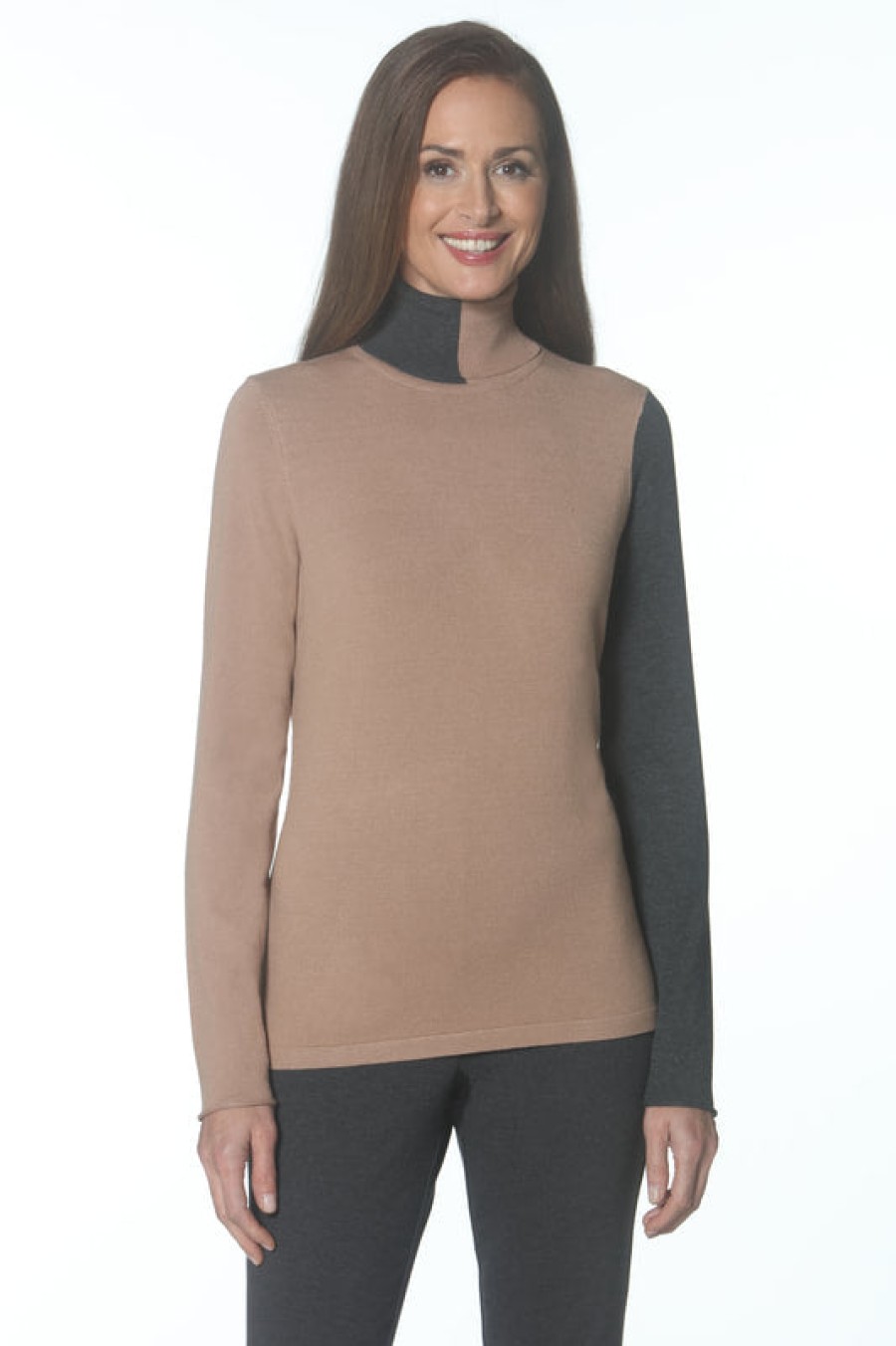 J'envie Tops | Colorblock Turtleneck In Charcoal/Camel