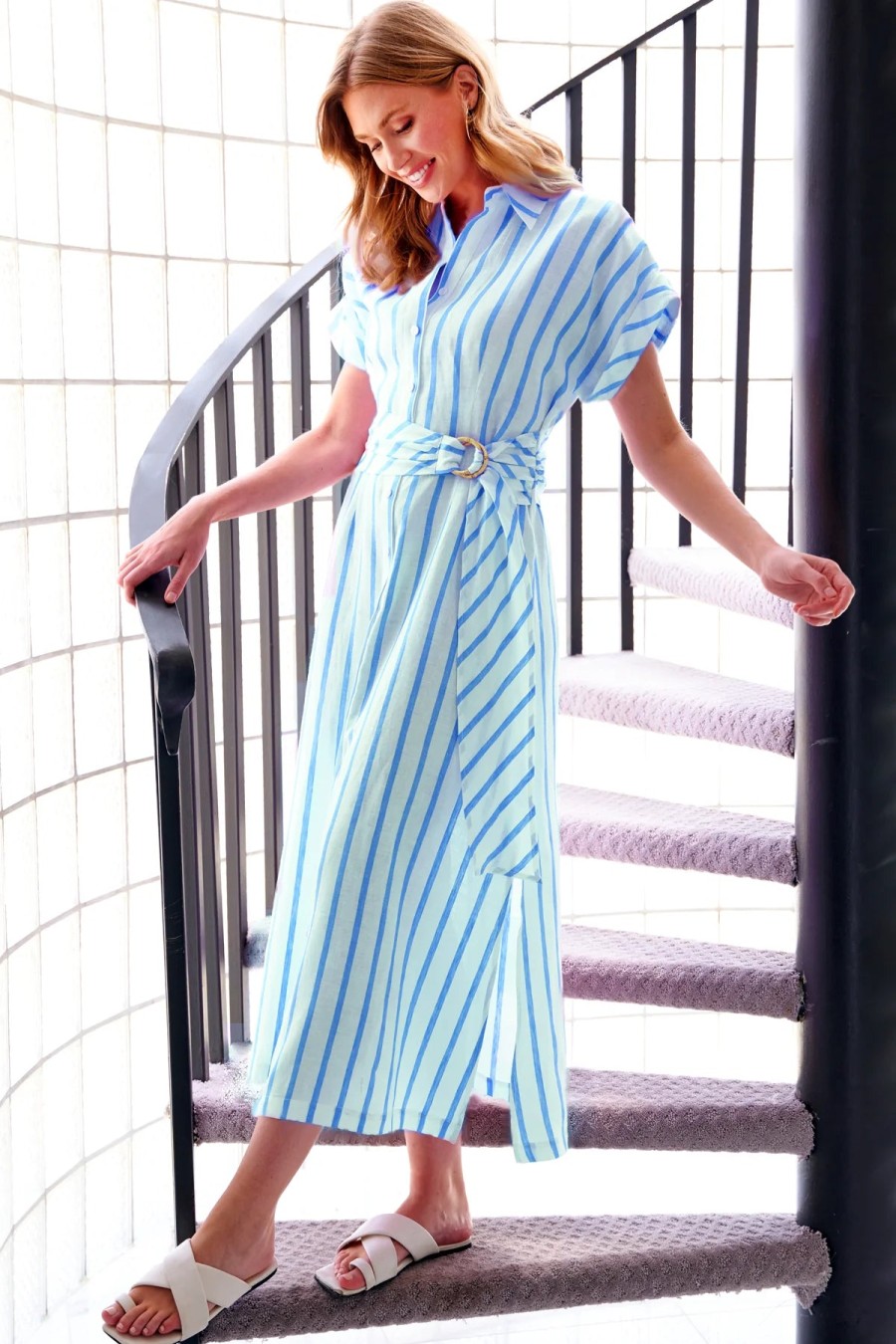 Finley Dresses | Smithy Stripe Shirtdress In White/Aqua