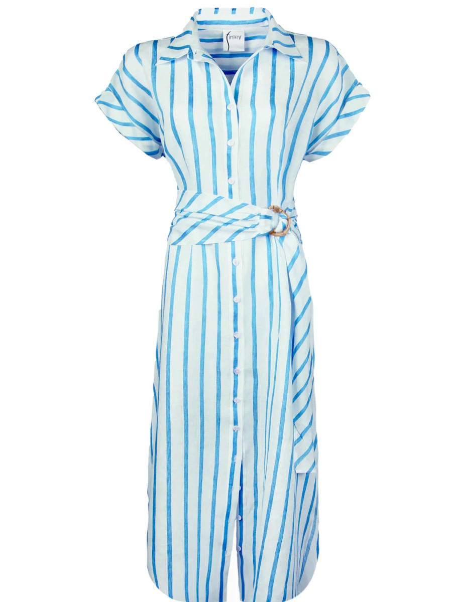 Finley Dresses | Smithy Stripe Shirtdress In White/Aqua